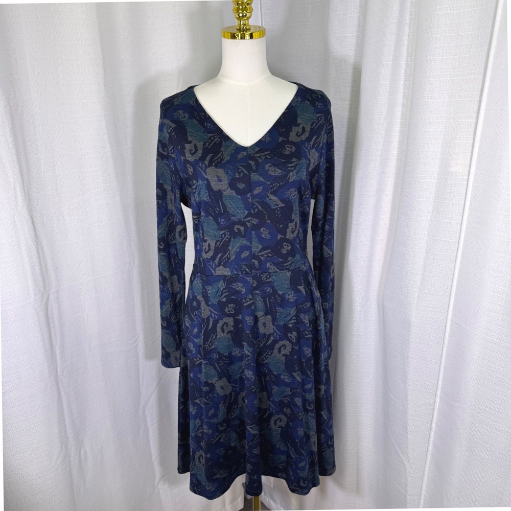 Ibex Merino Wool A-Line Dress Medium Blue Grey Abstract Moody Floral V-Neck